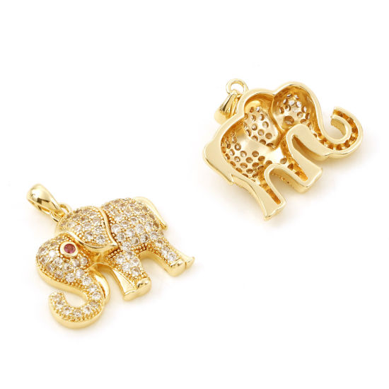 Bild von 1 Stück Messing Charm-Anhänger Echtgold plattiert Elefant Micro Pave Klar Zirkonia 22mm x 19.5mm