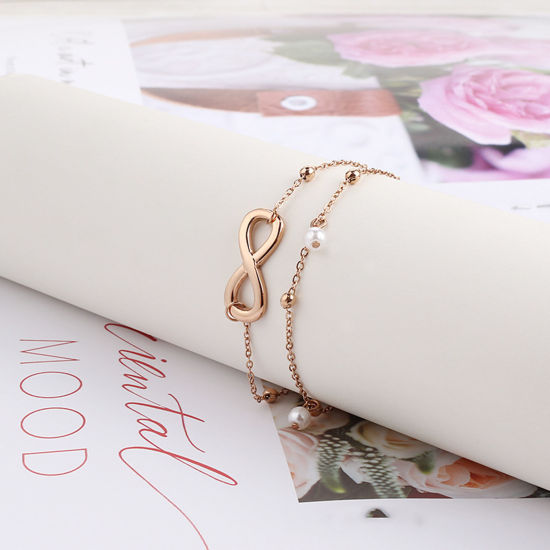 Imagen de 304 Acero Inoxidable Elegante Cable Cadena Cruz Tobillera De Capas MúLtiples Oro Rosa Imitación de perla Símbolo del infinito 22cm longitud, 1 Unidad