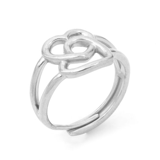 Image de 1 Pièce Bagues Ouvert Ajoustable en 304 Acier Inoxydable Placage sous Vide PVD Respectueux de l'Environnement La Saint Valentin Argent Mat Cœur Creux 18.5mm (Taille d'US: 8.5)