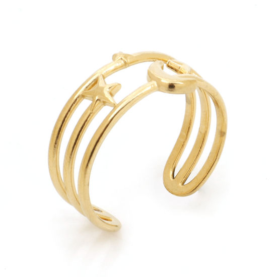 Imagen de 1 Unidad Recubrimiento al Vacío PVD Ecológico 304 Acero Inoxidable Elegante Abierto Ajustable Anillos Chapado en Oro Estrella Luna 18.5mm (US Size 8.5)