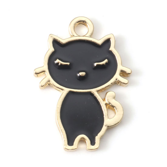 Immagine di Lega di Zinco Charms Gatto Oro Placcato Nero Smalto 24mm x 17mm , 10 Pz