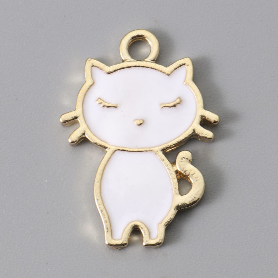 Immagine di Lega di Zinco Charms Gatto Oro Placcato Bianco Smalto 24mm x 17mm , 10 Pz