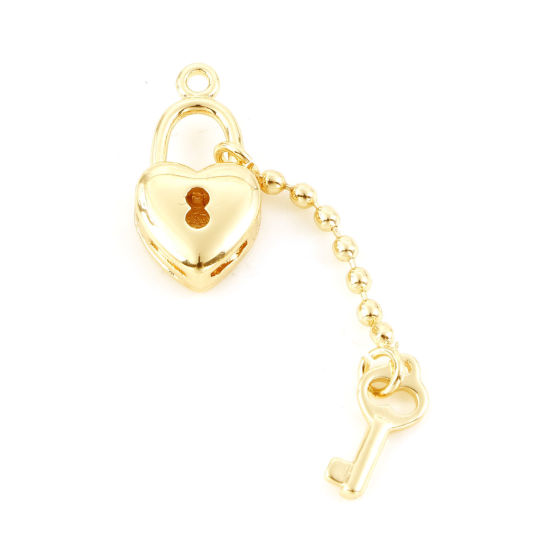 Picture of Brass Valentine's Day Charms Real Gold Plated Heart Key 29mm x 7.5mm, 5 PCs