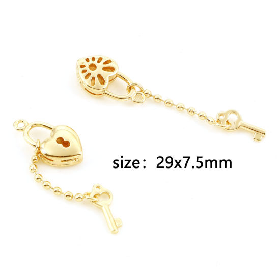Picture of Brass Valentine's Day Charms Real Gold Plated Heart Key 29mm x 7.5mm, 5 PCs