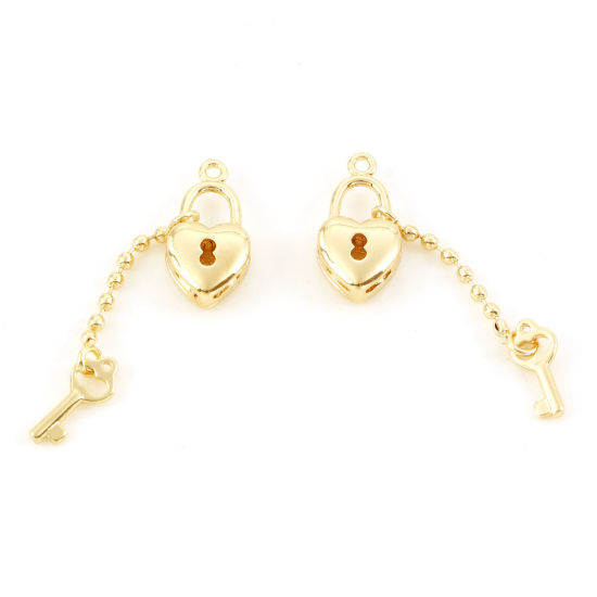 Picture of Brass Valentine's Day Charms Real Gold Plated Heart Key 29mm x 7.5mm, 5 PCs