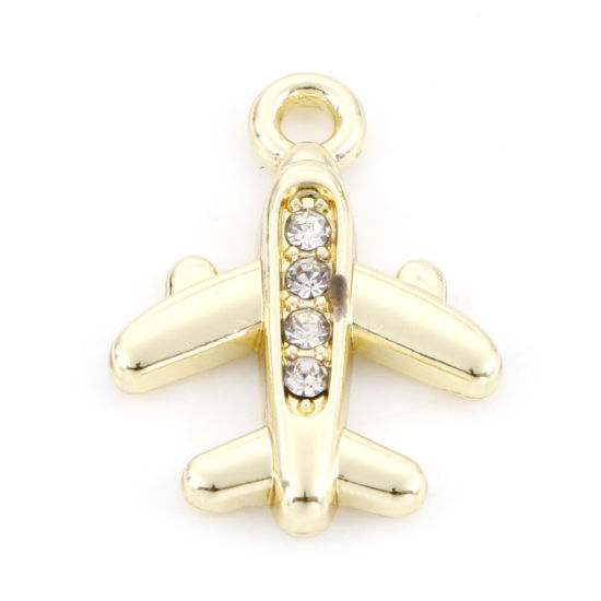 Immagine di Lega di Zinco Viaggio Charms Aeroplano Oro Placcato Trasparente Strass 18mm x 13mm , 10 Pz