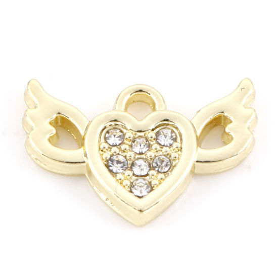 Immagine di Lega di Zinco San Valentino Charms Cuore Oro Placcato Ali Trasparente Strass 15mm x 10mm , 10 Pz