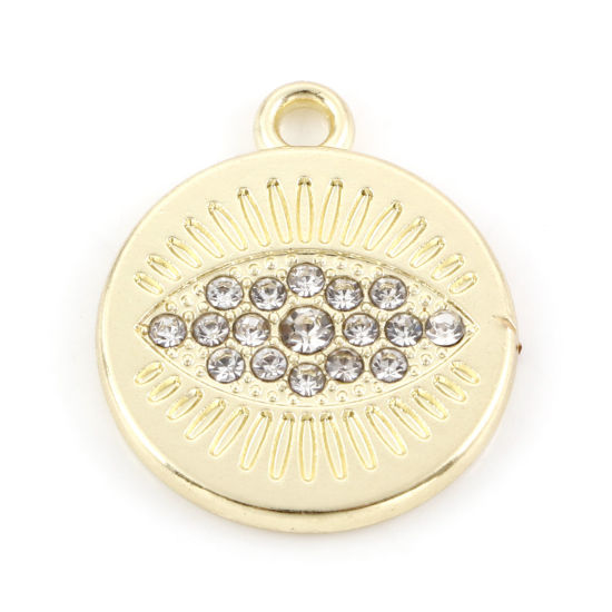 Imagen de Zamak Religión Colgantes Charms Ronda Chapado en Oro Ojo de la Providencia/Ojo que Todo lo Ve Transparente Rhinestone 18mm x 15.5mm, 5 Unidades