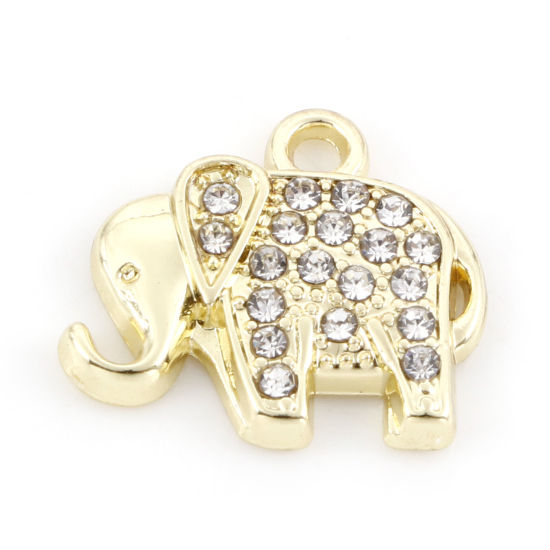 Imagen de Zamak Colgantes Charms Chapado en Oro Elefante Transparente Rhinestone 14mm x 13mm, 5 Unidades