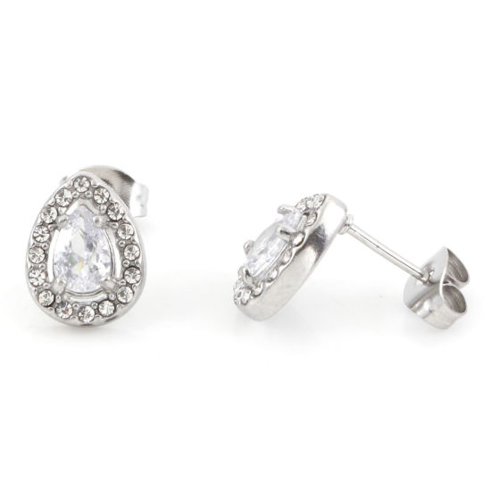 Imagen de 304 Acero Inoxidable piedra del zodíaco Pendientes Tono de Plata Transparente Gota Abril Micro Pave Claro Circón Artificial 11mm x 8.5mm, Post/ Wire Size: (20 gauge), 1 Par