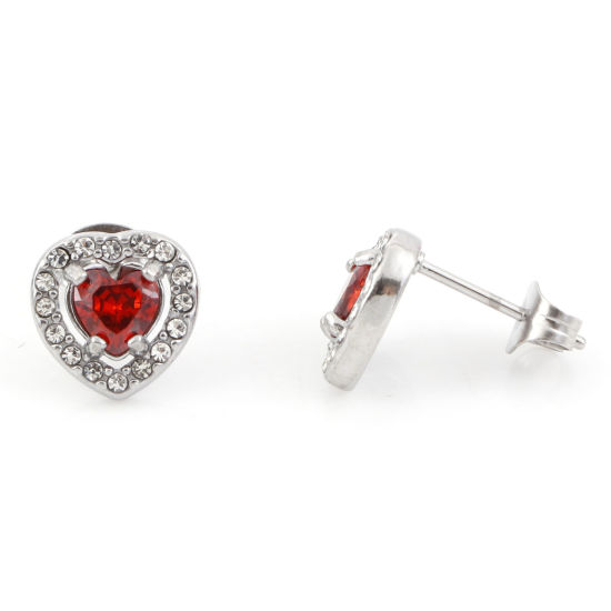 Picture of 304 Stainless Steel Birthstone Ear Post Stud Earrings Silver Tone Wine Red Heart January Micro Pave Wine Red Cubic Zirconia 10mm x 10mm, Post/ Wire Size: (20 gauge), 1 Pair