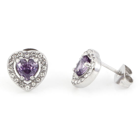 Picture of 304 Stainless Steel Birthstone Ear Post Stud Earrings Silver Tone Purple Heart February Micro Pave Purple Cubic Zirconia 10mm x 10mm, Post/ Wire Size: (20 gauge), 1 Pair