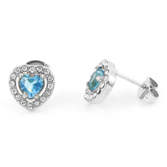 Picture of 304 Stainless Steel Birthstone Ear Post Stud Earrings Silver Tone Aqua Blue Heart March Micro Pave Aqua Blue Cubic Zirconia 10mm x 10mm, Post/ Wire Size: (20 gauge), 1 Pair