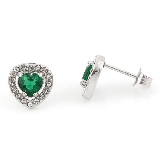 Picture of 304 Stainless Steel Birthstone Ear Post Stud Earrings Silver Tone Emerald Heart May Micro Pave Emerald Cubic Zirconia 10mm x 10mm, Post/ Wire Size: (20 gauge), 1 Pair