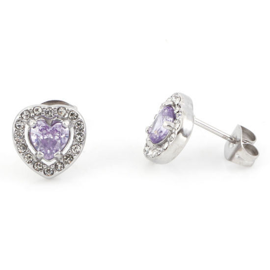 Picture of 304 Stainless Steel Birthstone Ear Post Stud Earrings Silver Tone Mauve Heart June Micro Pave Mauve Cubic Zirconia 10mm x 10mm, Post/ Wire Size: (20 gauge), 1 Pair