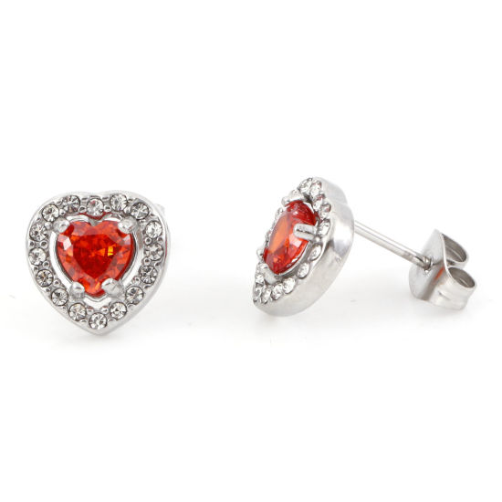 Picture of 304 Stainless Steel Birthstone Ear Post Stud Earrings Silver Tone Red Heart July Micro Pave Red Cubic Zirconia 10mm x 10mm, Post/ Wire Size: (20 gauge), 1 Pair