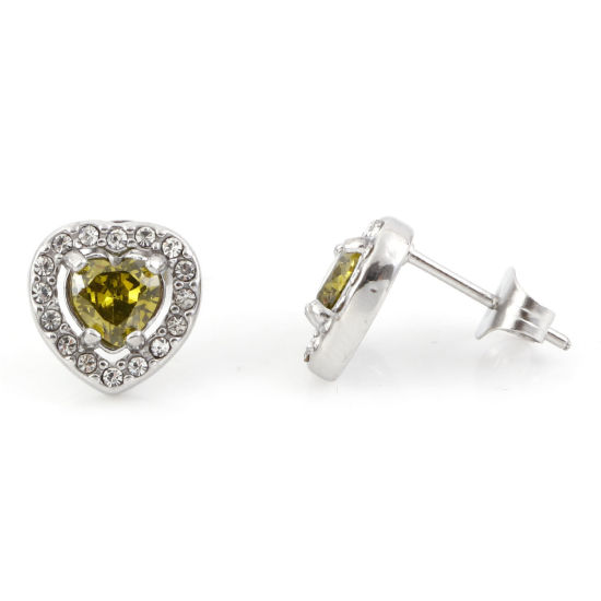 Picture of 304 Stainless Steel Birthstone Ear Post Stud Earrings Silver Tone Olive Green Heart August Micro Pave Olive Green Cubic Zirconia 10mm x 10mm, Post/ Wire Size: (20 gauge), 1 Pair