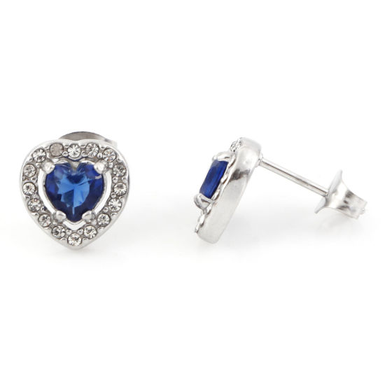 Picture of 304 Stainless Steel Birthstone Ear Post Stud Earrings Silver Tone Royal Blue Heart September Micro Pave Royal Blue Cubic Zirconia 10mm x 10mm, Post/ Wire Size: (20 gauge), 1 Pair