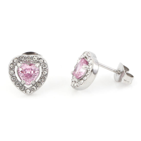 Picture of 304 Stainless Steel Birthstone Ear Post Stud Earrings Silver Tone Pink Heart October Micro Pave Pink Cubic Zirconia 10mm x 10mm, Post/ Wire Size: (20 gauge), 1 Pair