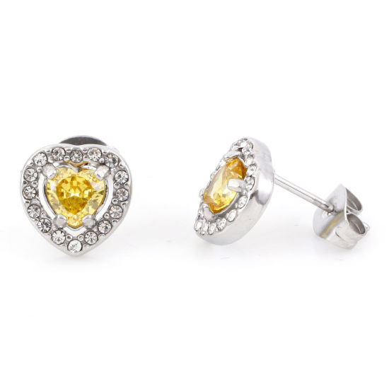 Picture of 304 Stainless Steel Birthstone Ear Post Stud Earrings Silver Tone Yellow Heart November Micro Pave Yellow Cubic Zirconia 10mm x 10mm, Post/ Wire Size: (20 gauge), 1 Pair