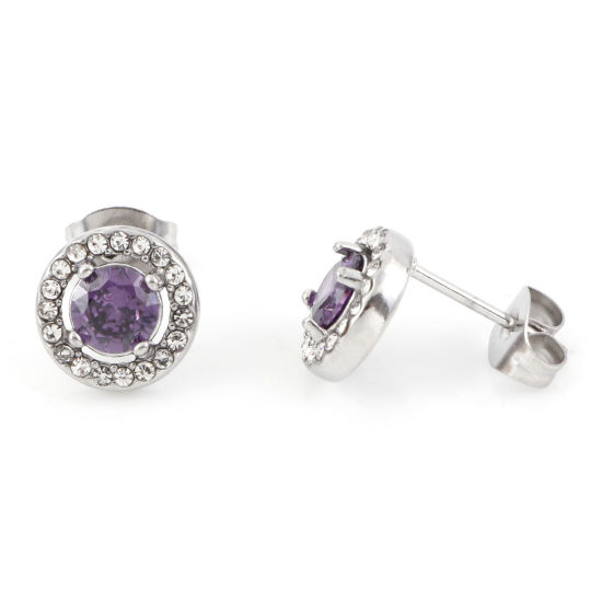 Picture of 304 Stainless Steel Birthstone Ear Post Stud Earrings Silver Tone Purple Round February Micro Pave Purple Cubic Zirconia 9.5mm  Dia., Post/ Wire Size: (20 gauge), 1 Pair