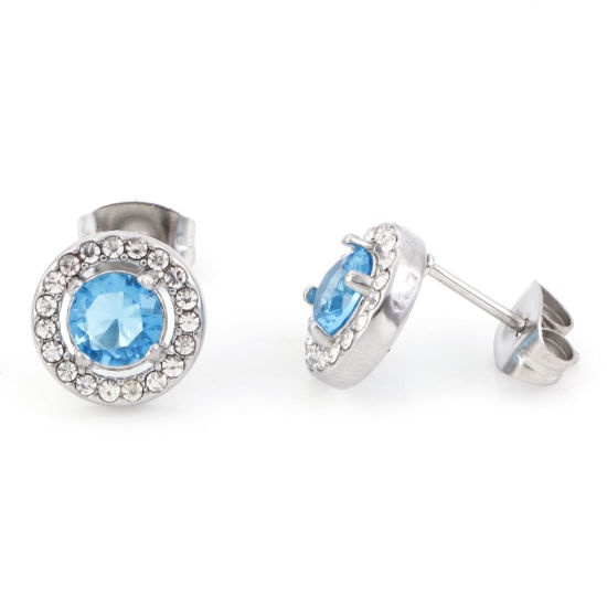 Picture of 304 Stainless Steel Birthstone Ear Post Stud Earrings Silver Tone Aqua Blue Round March Micro Pave Aqua Blue Cubic Zirconia 9.5mm  Dia., Post/ Wire Size: (20 gauge), 1 Pair