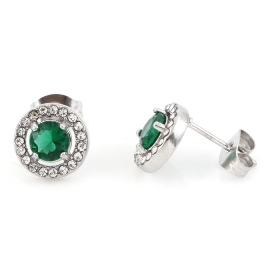 Picture of 304 Stainless Steel Birthstone Ear Post Stud Earrings Silver Tone Emerald Round May Micro Pave Emerald Cubic Zirconia 9.5mm  Dia., Post/ Wire Size: (20 gauge), 1 Pair