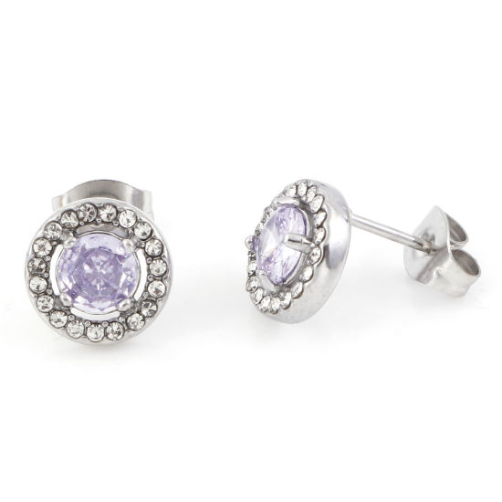 Picture of 304 Stainless Steel Birthstone Ear Post Stud Earrings Silver Tone Mauve Round June Micro Pave Mauve Cubic Zirconia 9.5mm  Dia., Post/ Wire Size: (20 gauge), 1 Pair