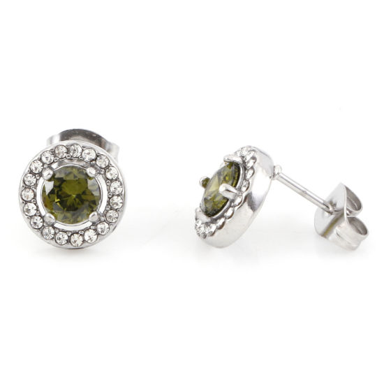 Picture of 304 Stainless Steel Birthstone Ear Post Stud Earrings Silver Tone Olive Green Round August Micro Pave Olive Green Cubic Zirconia 9.5mm  Dia., Post/ Wire Size: (20 gauge), 1 Pair