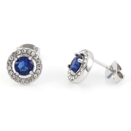 Picture of 304 Stainless Steel Birthstone Ear Post Stud Earrings Silver Tone Royal Blue Round September Micro Pave Royal Blue Cubic Zirconia 9.5mm  Dia., Post/ Wire Size: (20 gauge), 1 Pair