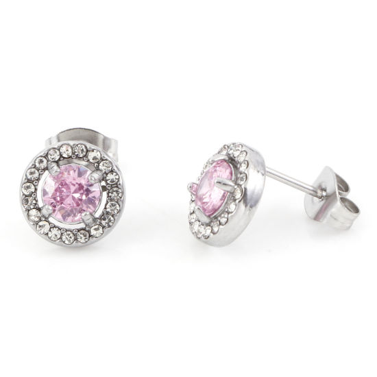 Picture of 304 Stainless Steel Birthstone Ear Post Stud Earrings Silver Tone Pink Round October Micro Pave Pink Cubic Zirconia 9.5mm  Dia., Post/ Wire Size: (20 gauge), 1 Pair