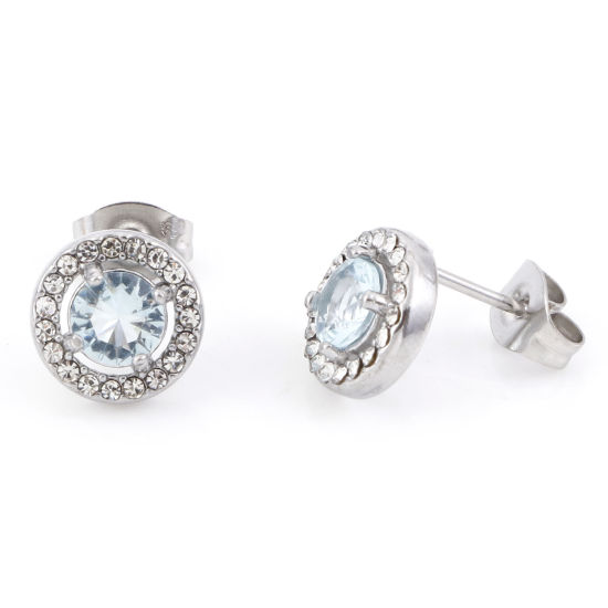 Picture of 304 Stainless Steel Birthstone Ear Post Stud Earrings Silver Tone Light Blue Round December Micro Pave Light Blue Cubic Zirconia 9.5mm  Dia., Post/ Wire Size: (20 gauge), 1 Pair