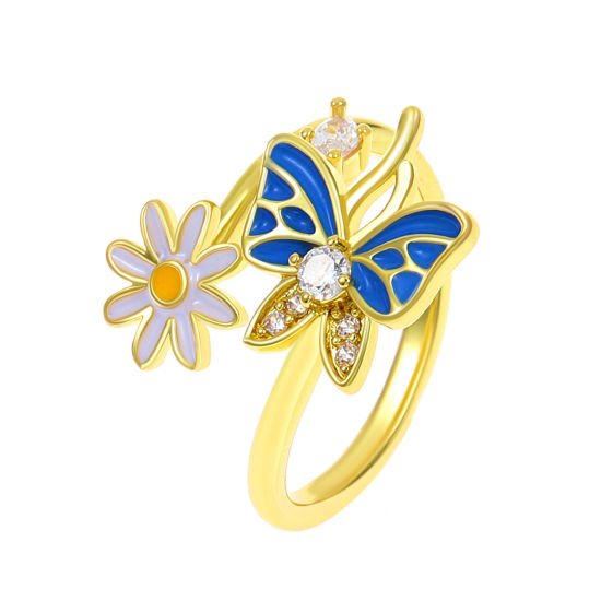 Picture of Brass Insect Open Adjustable Rings Butterfly Animal Flower 14K Gold Color Blue Enamel Clear Cubic Zirconia 17mm(US Size 6.5), 1 Piece                                                                                                                         