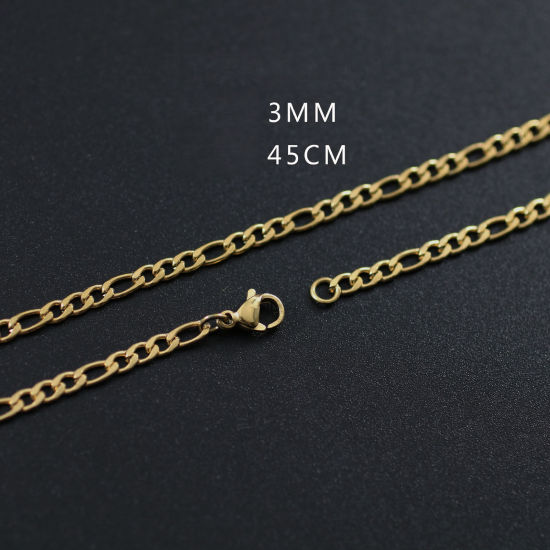 Picture of 304 Stainless Steel Figaro Chain Necklace Gold Plated 45cm(17 6/8") long, Chain Size: 3mm, 1 Piece