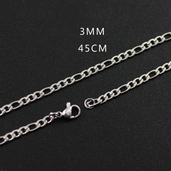 Picture of 304 Stainless Steel Figaro Chain Necklace Silver Tone 45cm(17 6/8") long, Chain Size: 3mm, 1 Piece