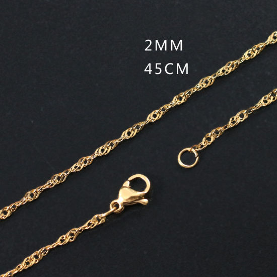 Picture of 304 Stainless Steel Wave Chain Necklace Gold Plated 45cm(17 6/8") long, Chain Size: 2mm, 1 Piece