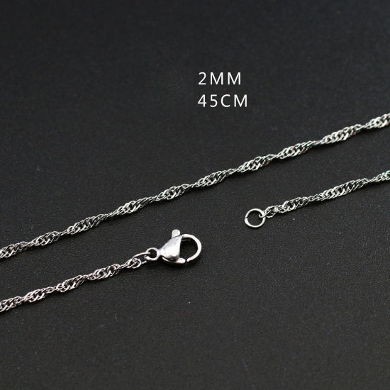 Picture of 304 Stainless Steel Wave Chain Necklace Silver Tone 45cm(17 6/8") long, Chain Size: 2mm, 1 Piece