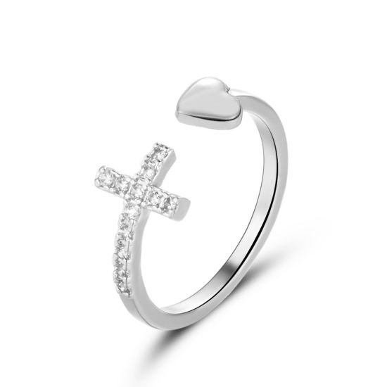 Picture of Brass Religious Open Adjustable Rings Cross Heart Silver Tone Micro Pave Clear Rhinestone 18mm(US Size 7.75), 1 Piece                                                                                                                                         