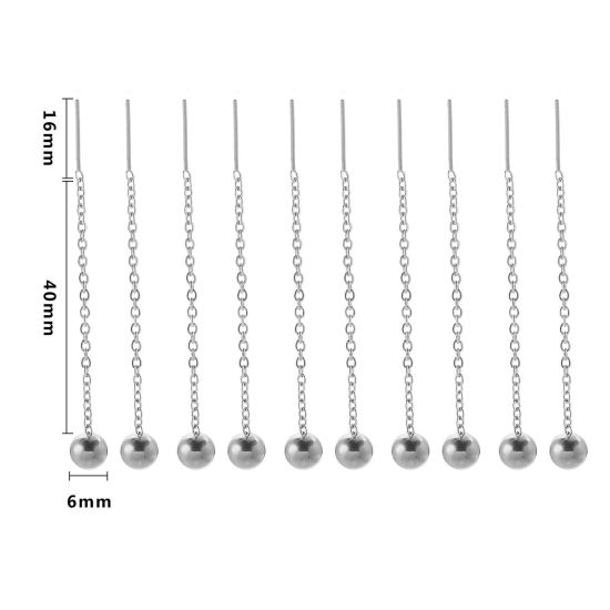 Picture of 2 PCs 304 Stainless Steel Ear Thread Threader Earrings Silver Tone Ball 62mm x 6mm