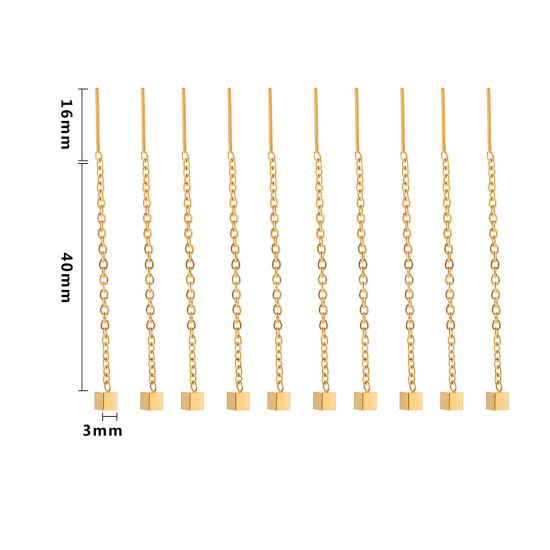 Picture of 2 PCs 304 Stainless Steel Ear Thread Threader Earrings 18K Gold Plated Cube 59mm x 3mm