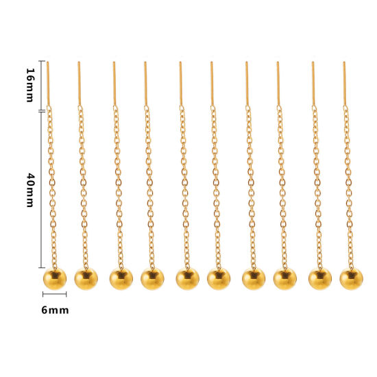 Picture of 2 PCs 304 Stainless Steel Ear Thread Threader Earrings 18K Gold Plated Ball 62mm x 6mm