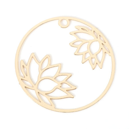 Image de Breloques Religieux en Alliage de Fer Estampe en Filigrane Rond Plaqué Or KC Fleur de Lotus 27mm Dia, 10 Pcs