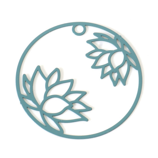 Imagen de Hierro Religión Colgantes Charms Ronda Verde Pavo Real Flor de Loto Pintura 27mm Dia, 10 Unidades