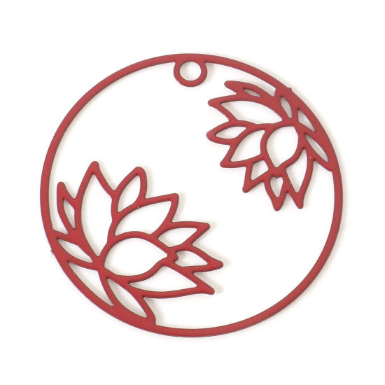 Imagen de Hierro Religión Colgantes Charms Ronda Rojo Flor de Loto Pintura 27mm Dia, 10 Unidades