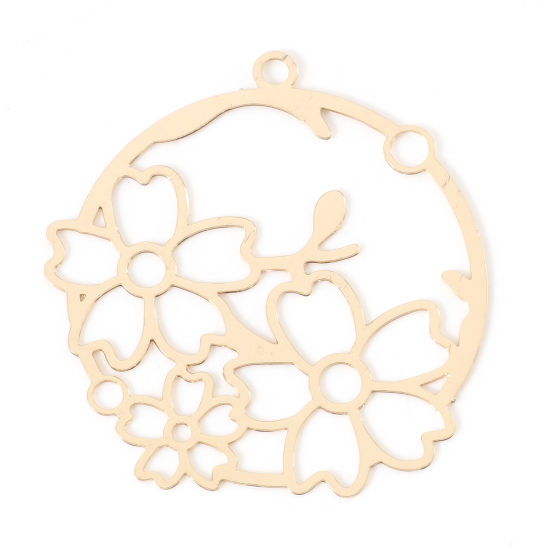 Image de Pendentifs Estampe en Filigrane en Alliage de Fer Rond Plaqué Or KC Fleurs 3.2cm x 3cm, 10 Pcs