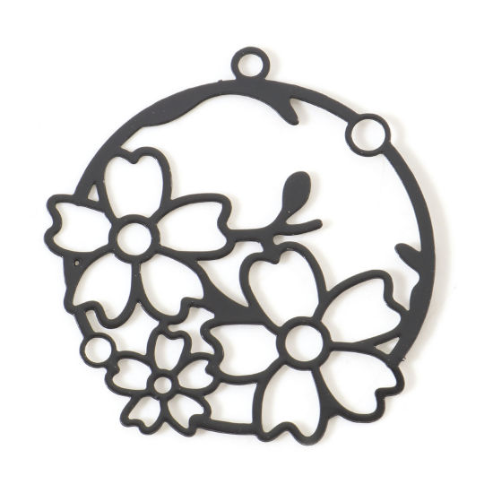 Image de Pendentifs Estampe en Filigrane en Alliage de Fer Rond Noir Fleurs Laqué 3.2cm x 3cm, 10 Pcs