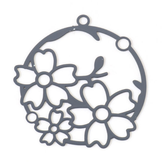 Image de Pendentifs Estampe en Filigrane en Alliage de Fer Rond Gris Foncé Fleurs Laqué 3.2cm x 3cm, 10 Pcs