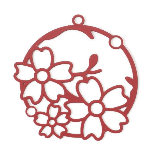 Image de Pendentifs Estampe en Filigrane en Alliage de Fer Rond Rouge Fleurs Laqué 3.2cm x 3cm, 10 Pcs
