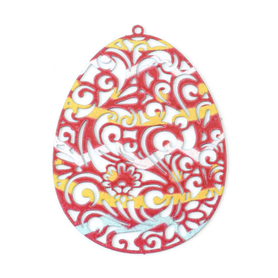 Immagine di Lega di Ferro Pittura di Smalto Ciondoli Uovo di Pasqua Multicolore Filigree Stamping 4.5cm x 3.3cm , 5 Pz