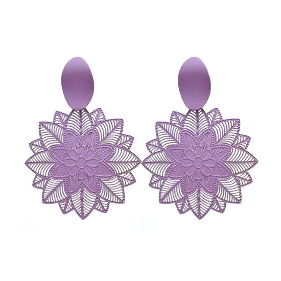 Picture of Brass Filigree Stamping Earrings Purple Flower Hollow 6cm x 4.3cm, 1 Pair                                                                                                                                                                                     